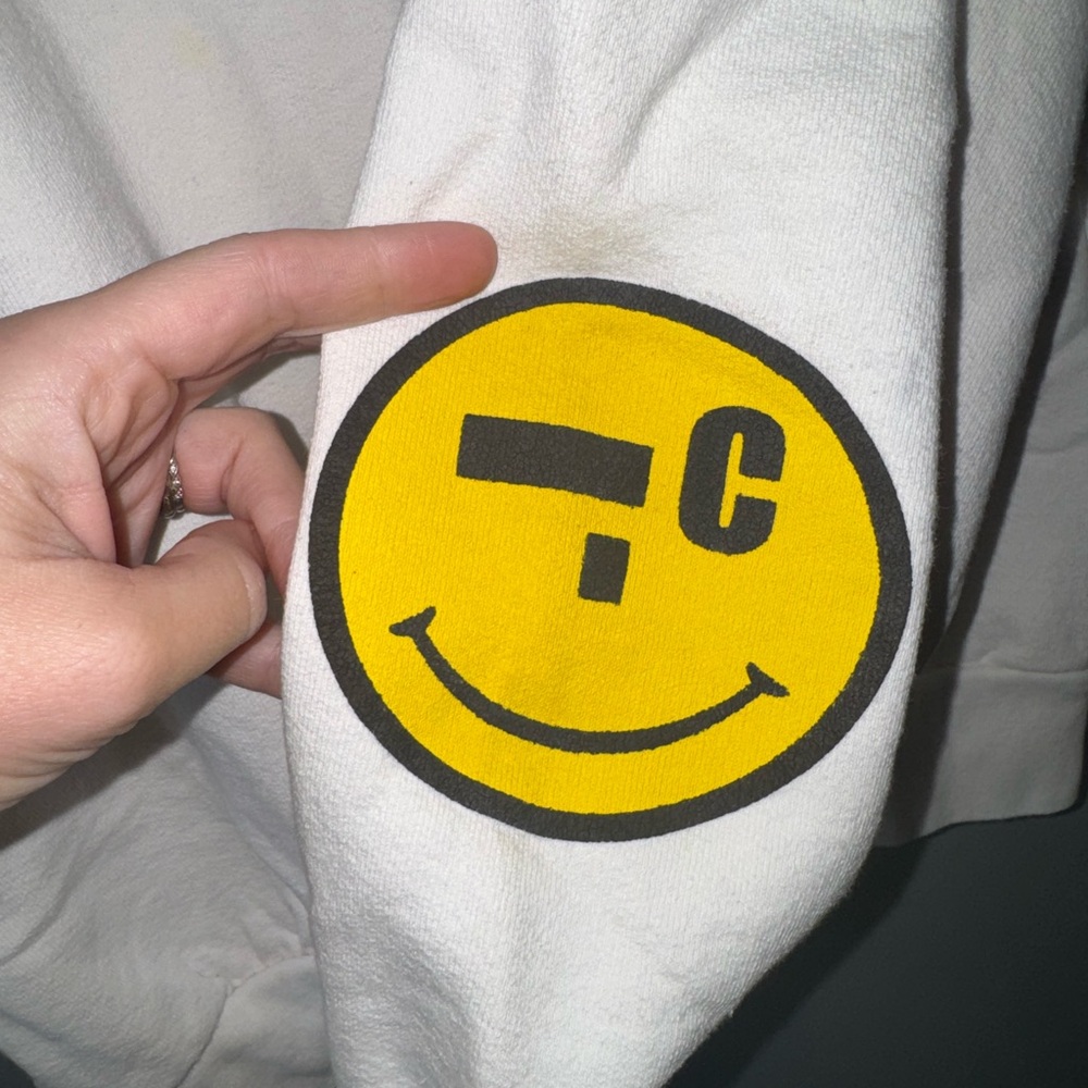 Cherry LA White Sweatshirt with Black Logo and Yellow Smile Patch